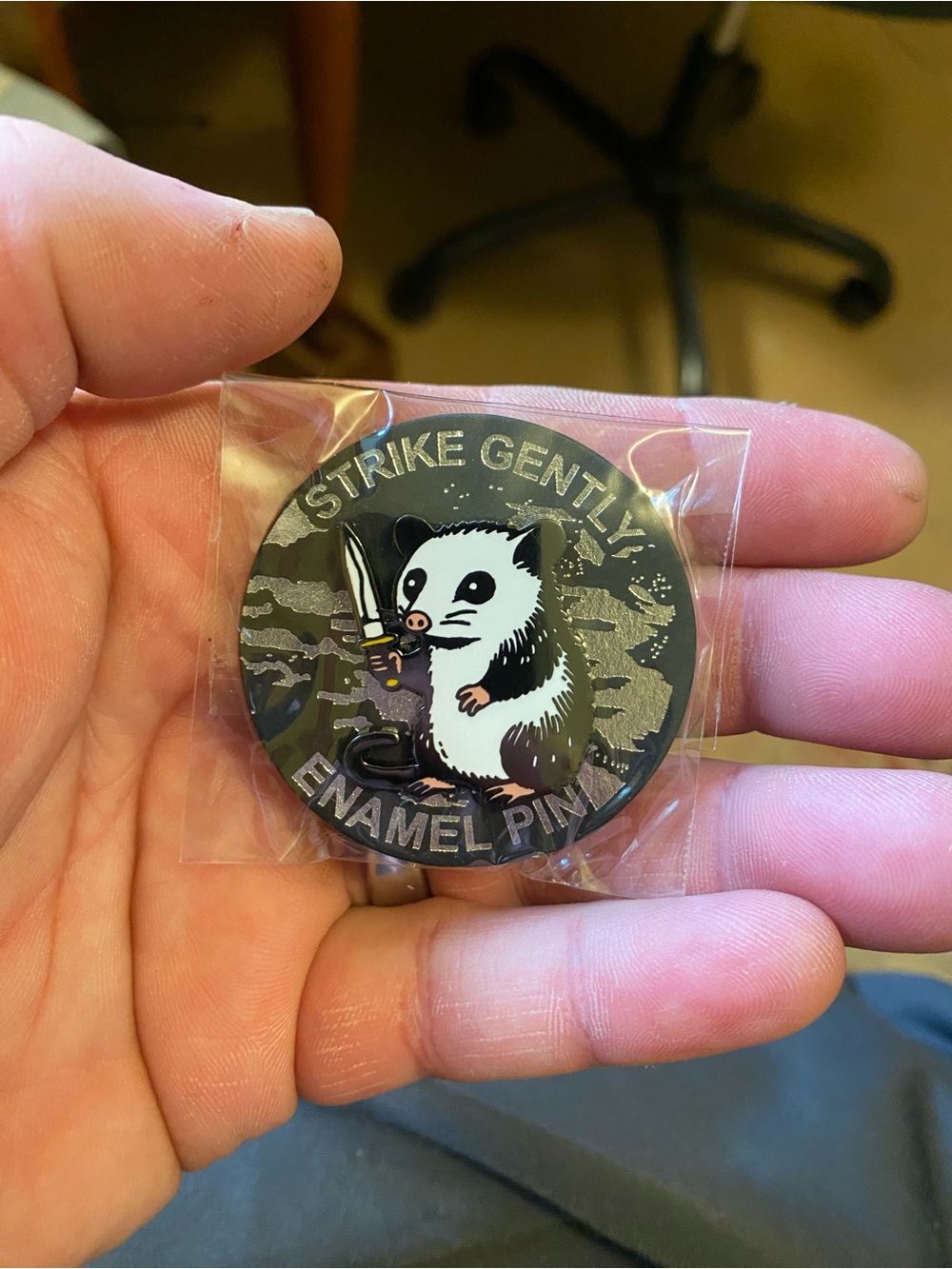 Strike Gently Opossum Enamel Pin - Black, White, Gray